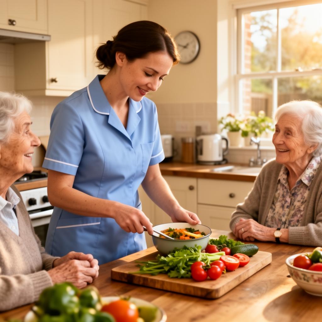 A carer preparing a fresh home-cooked meal while an older woman chats from the kitchen table