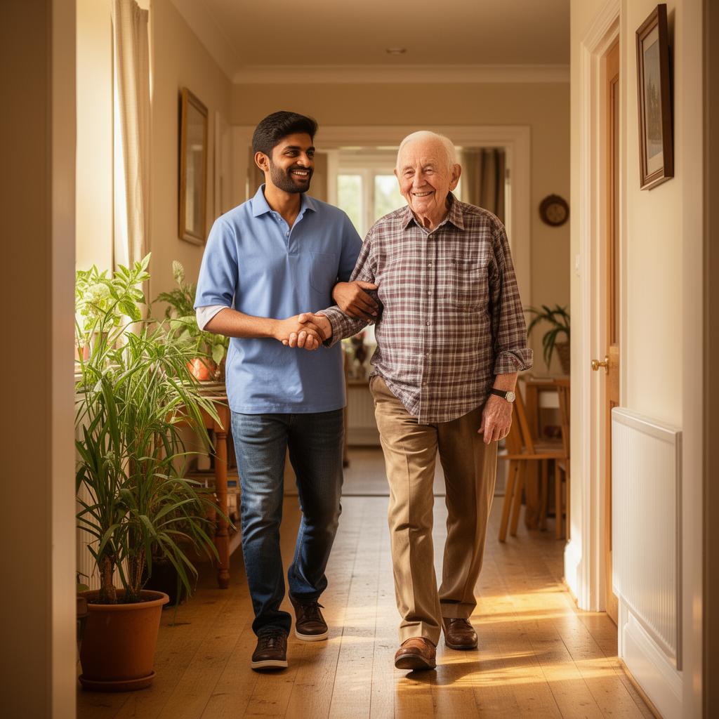 A carer gently supporting an older gentleman walking down the hallway of his own home