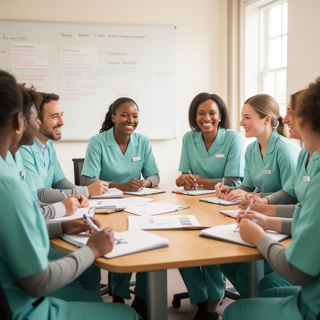 A diverse team of carers in teal uniforms attending a friendly training session in a bright room